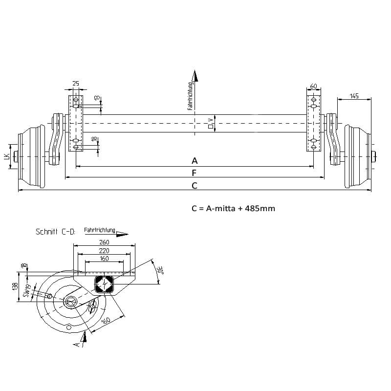 Jarruakseli 1800 kg A1700/2185 (Nieper GFA1880 5x112 250x40)