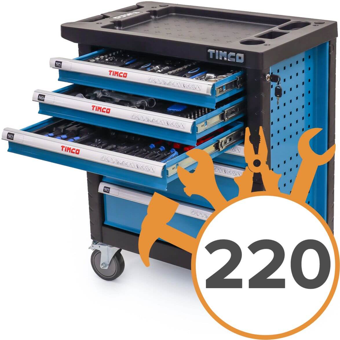 Työkaluvaunu + 220 työkalua, sininen, Timco