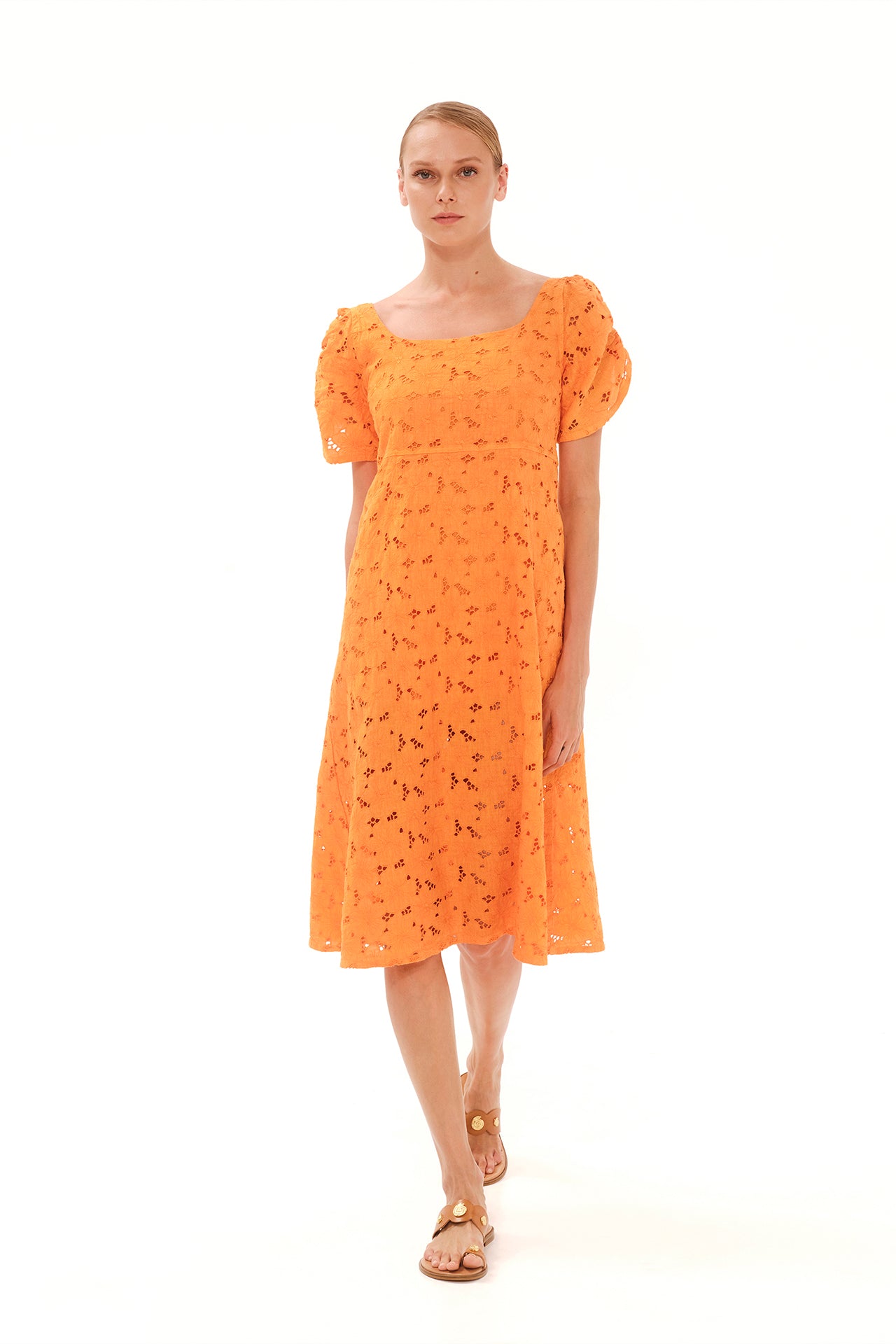 Eyelet Kirjailtu Midi Pellavamekko Oranssi