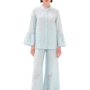 Embroidered Wide Leg Linen Pants Light Blue