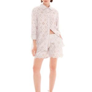 Eyelet Embroidery Scallop Trim Linen Shorts Light Beige