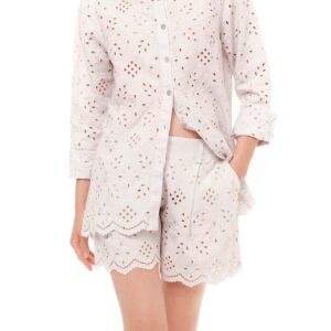 Eyelet Embroidery Scallop Trim Linen Shirt Light Beige