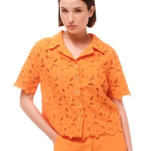 Eyelet Embroidery Scallop Trim Shirt Orange