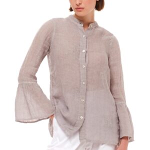 Embroidered Button-up Linen Shirt Grey