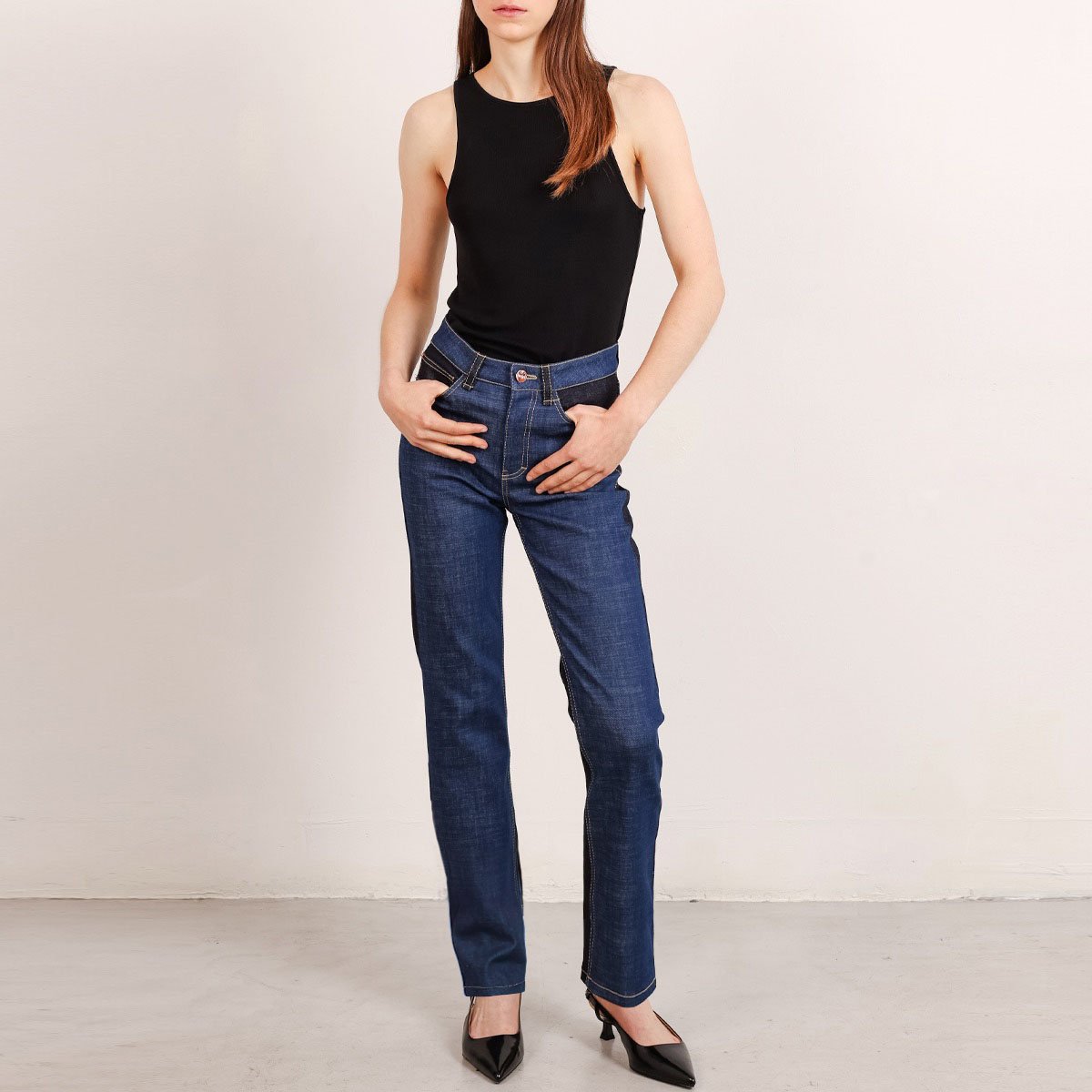 Color Block Long Jeans in 2 Tones of Blue