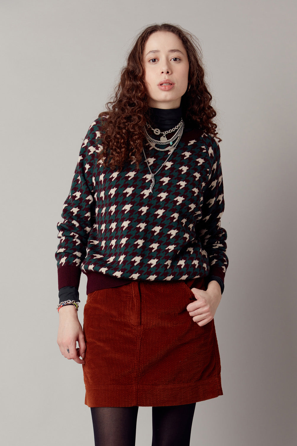 Houndstooth Merino Wool Jumper Walnut Brown