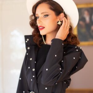 Fitted and Flared Coat with A-Line Skirt in Black with Polka Dots