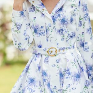 Buckle Belt with Peplum Detail in White with Blue Flower print
