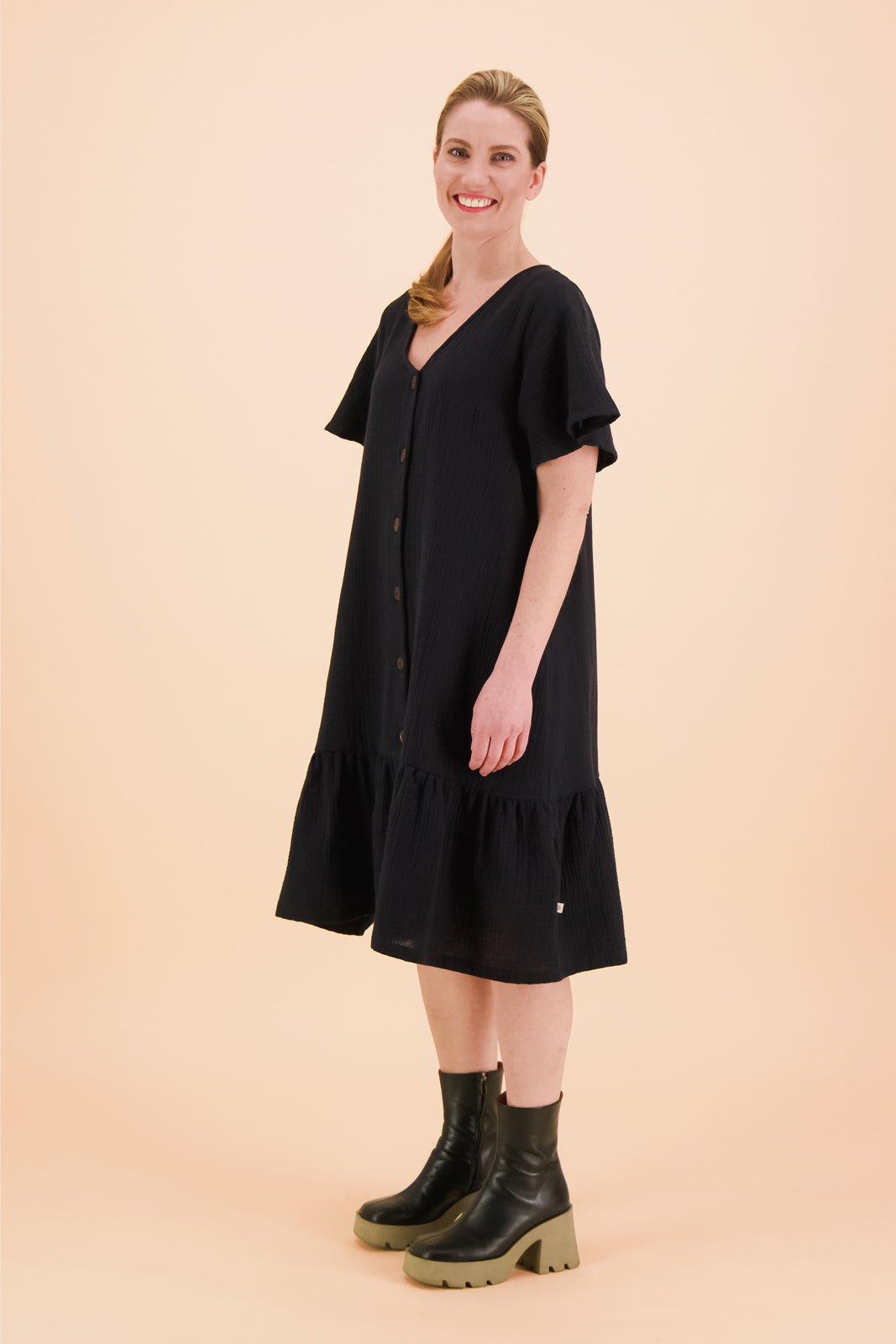 Frill Button Dress Black
