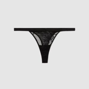 Floral Lace Satin Thong Black