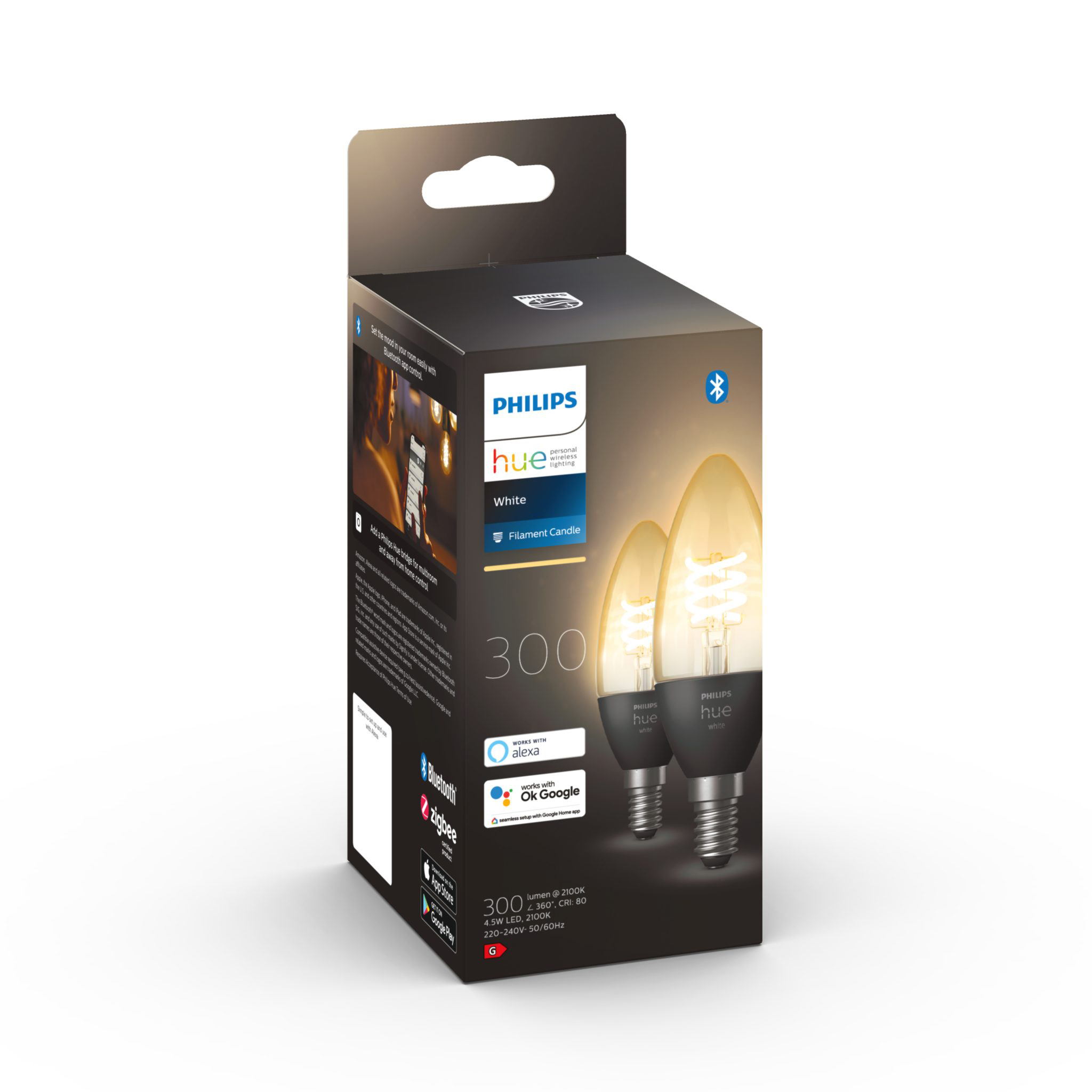 Led-älylamppu Philips Hue White Candle Filament, E14, 2100K, 2 kpl