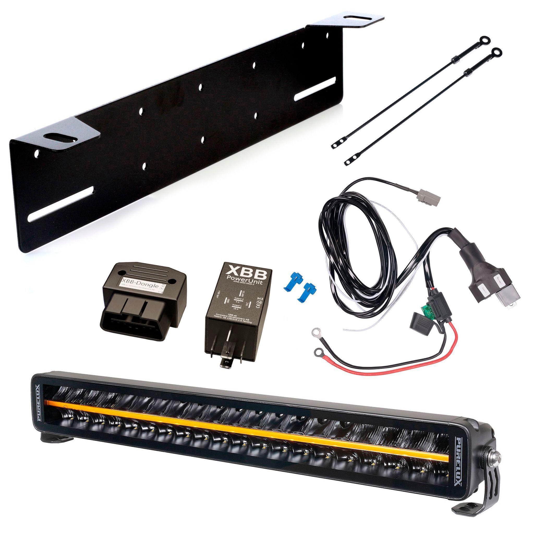 Lisävalo Purelux Black Boost S560 Gen3 - Suora / 56 cm / 200W / Ref. 50, 1 kpl - Täydellinen setti kilpitelineellä + XBB OBD Dongle&PowerUnit -kytkentärele