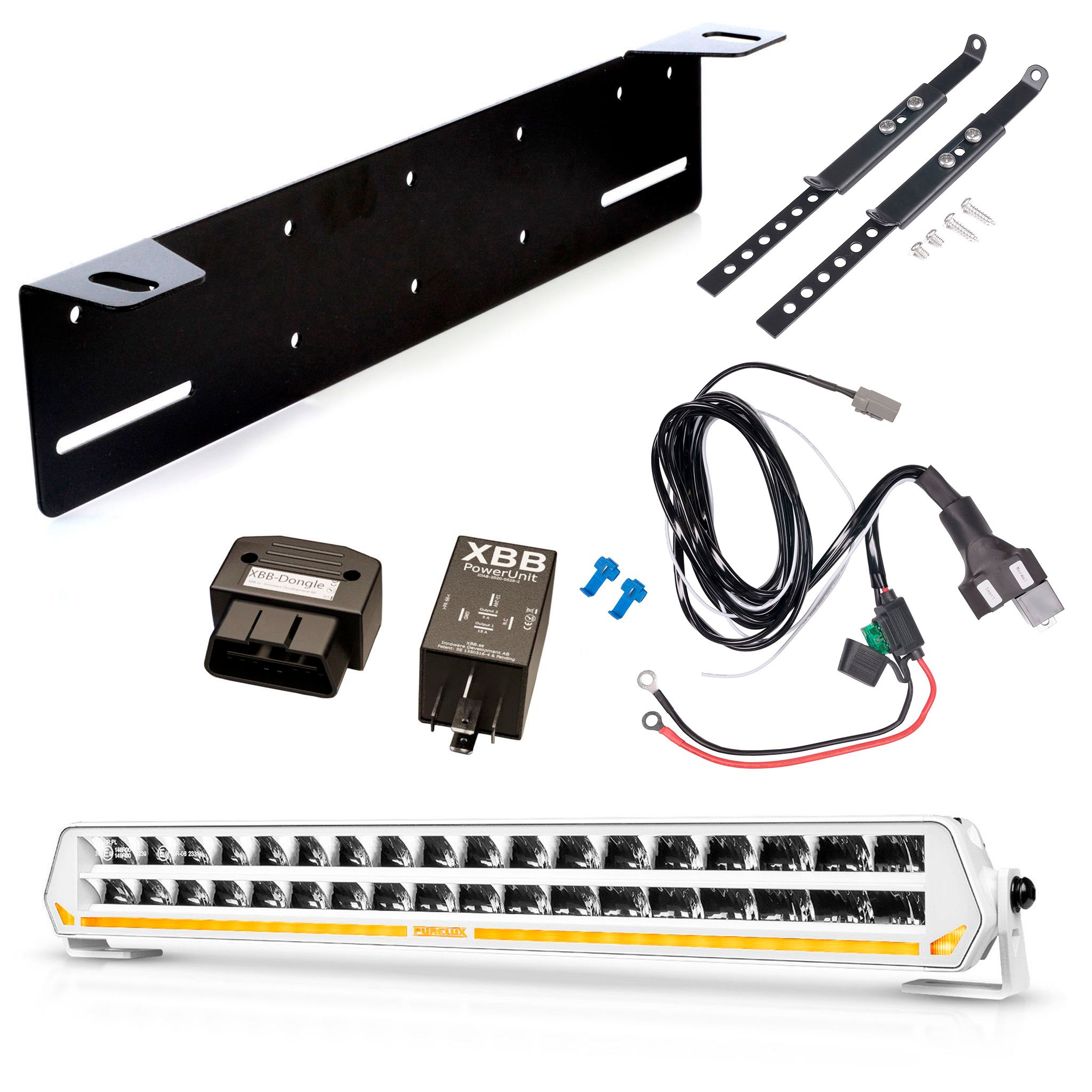 Lisävalo Purelux Panther S540 Gen3 White - Suora / 54 cm / 216W / Ref. 30, 1 kpl - Täydellinen setti kilpitelineellä + XBB OBD Dongle&PowerUnit -kytkentärele