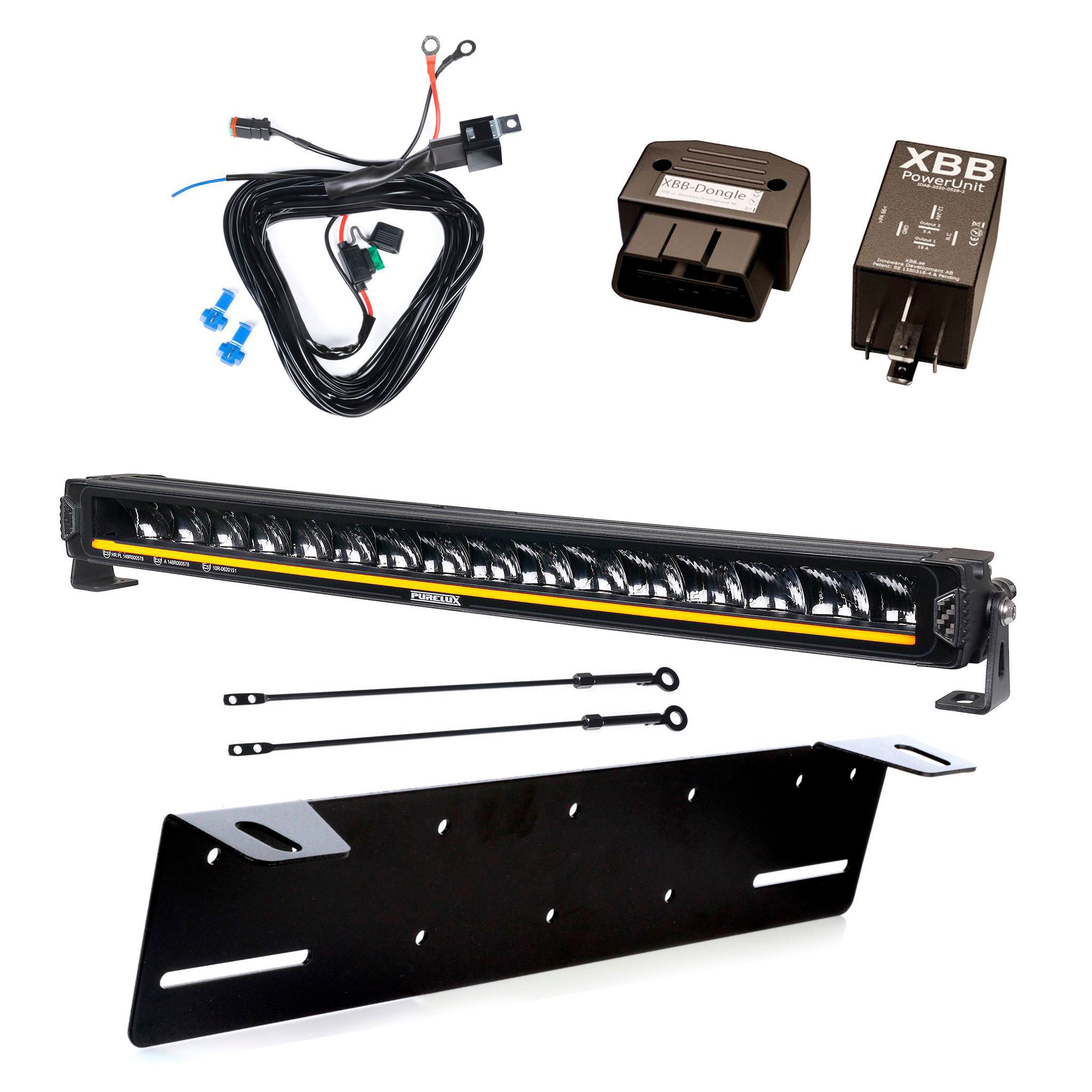 Lisävalo Purelux Road Curve C530 Slim - Kaareva / 53 cm / 160W / Ref. 37.5, 1 kpl - Täydellinen setti kilpitelineellä + XBB OBD Dongle&PowerUnit -kytkentärele