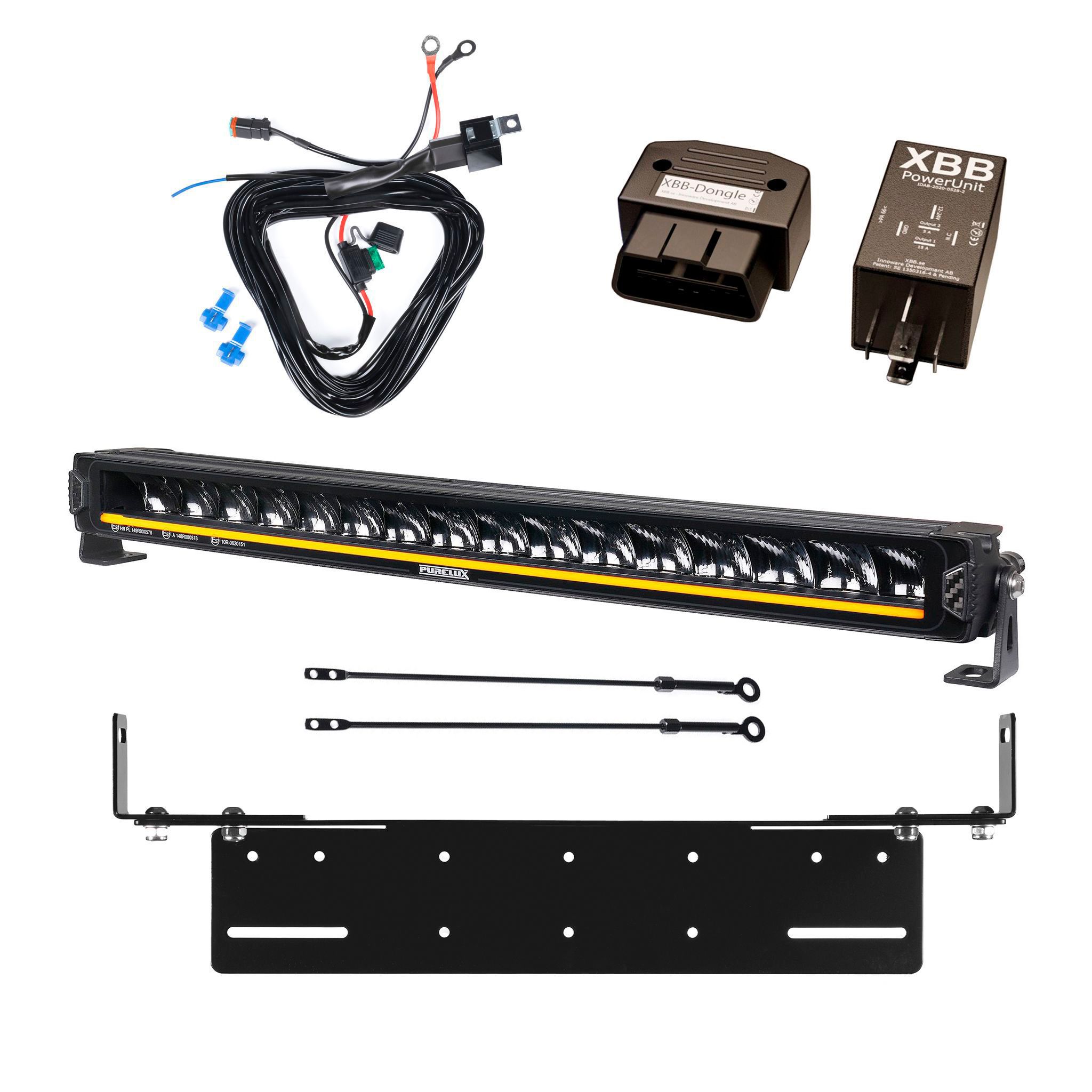Lisävalo Purelux Road Curve C530 Slim - Kaareva / 53 cm / 160W / Ref. 37.5, 1 kpl - Täydellinen setti uppoasennustelineellä + XBB OBD Dongle&PowerUnit -kytkentärele