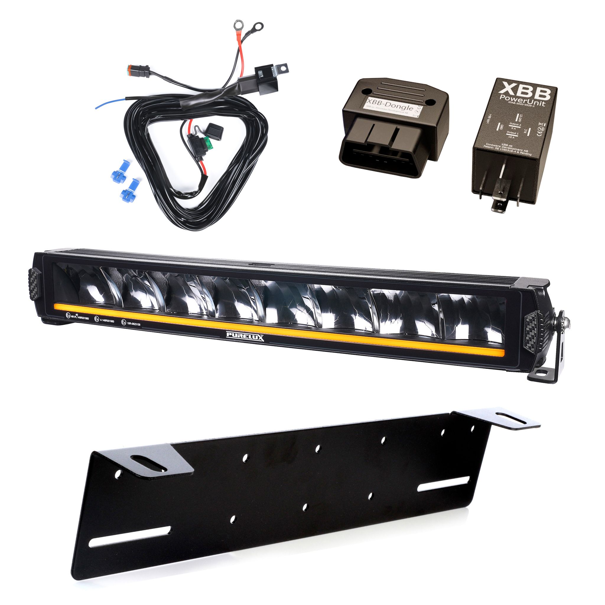 Lisävalo Purelux Road Curve C550 - Kaareva / 55 cm / 120W / Ref. 40, 1 kpl - Täydellinen setti kilpitelineellä + XBB OBD Dongle&PowerUnit -kytkentärele