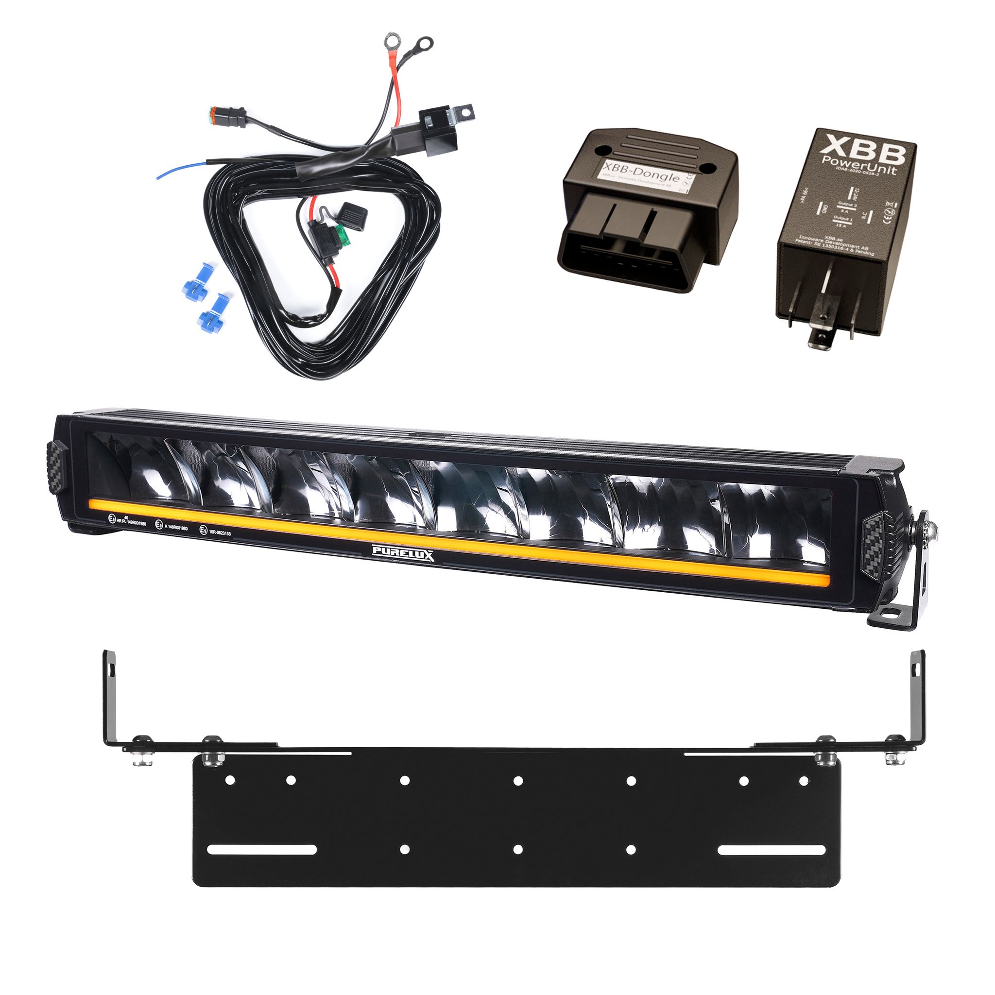 Lisävalo Purelux Road Curve C550 - Kaareva / 55 cm / 120W / Ref. 40, 1 kpl - Täydellinen setti uppoasennustelineellä + XBB OBD Dongle&PowerUnit -kytkentärele