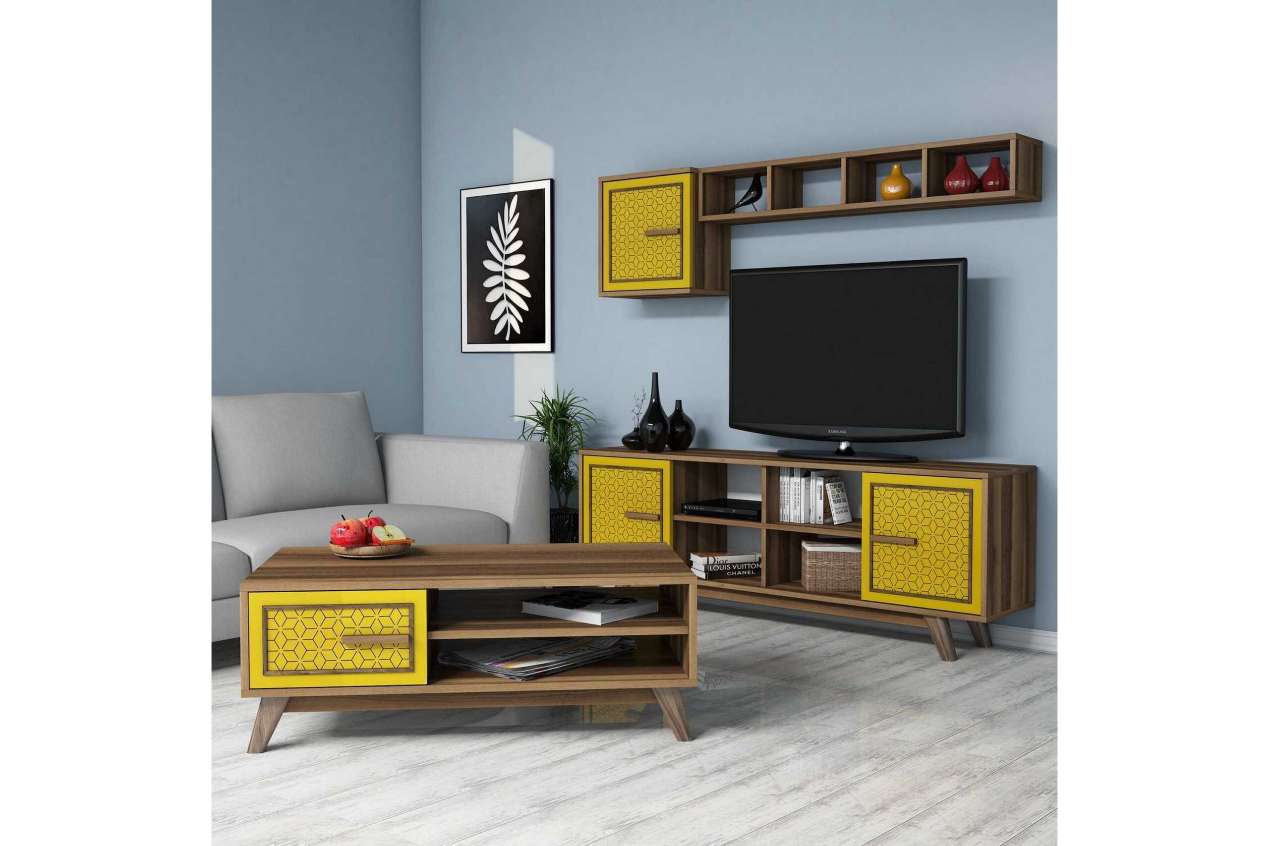 TV-kalustepaketti Amtorp 160 cm - Ruskea/Keltainen