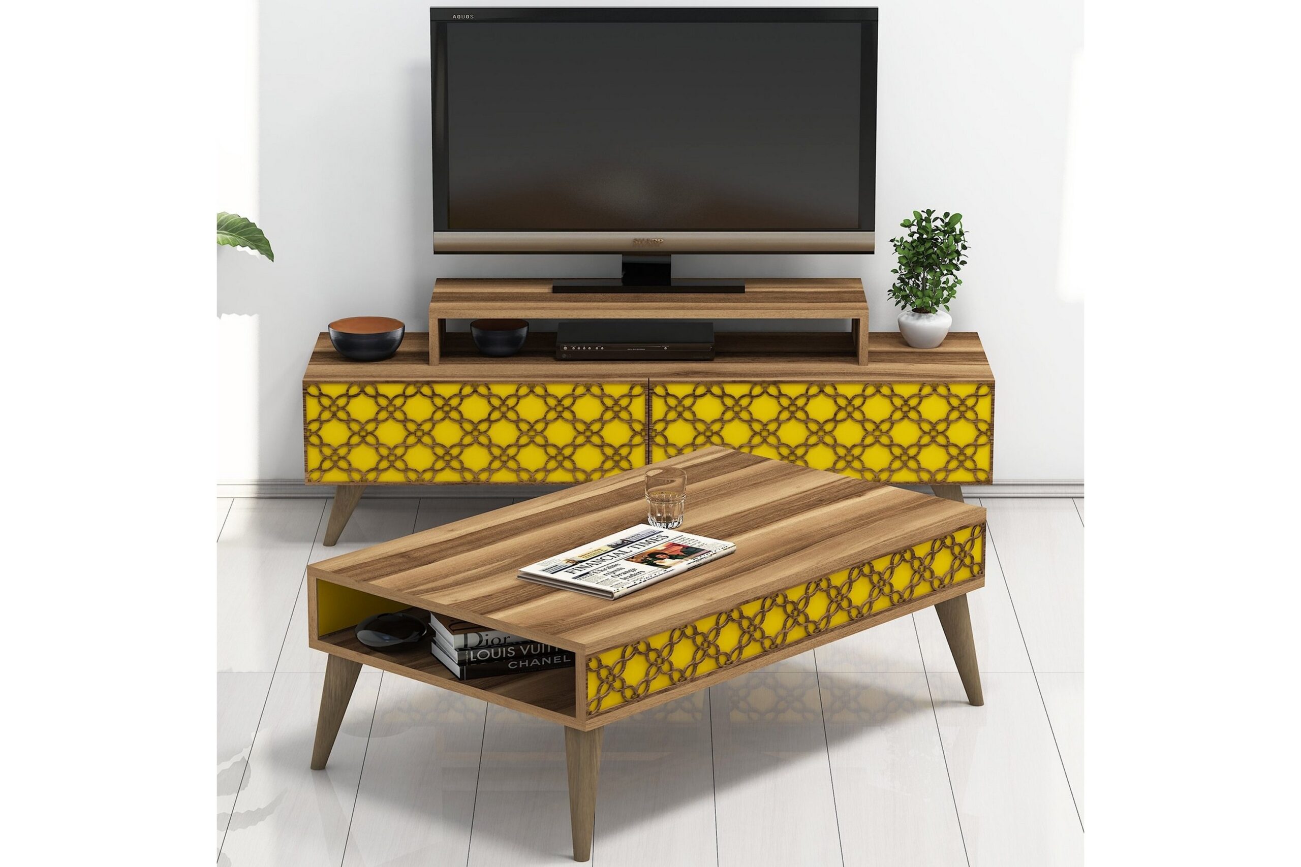 TV-kalustepaketti Amtorp 140 cm - Ruskea/Keltainen