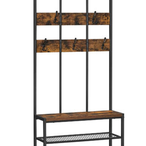 Eteisen kalusteet 3-in-1 vaateripustin, penkki, kenkähyllyt 84x30x184 cm - Vintage ruskea-musta