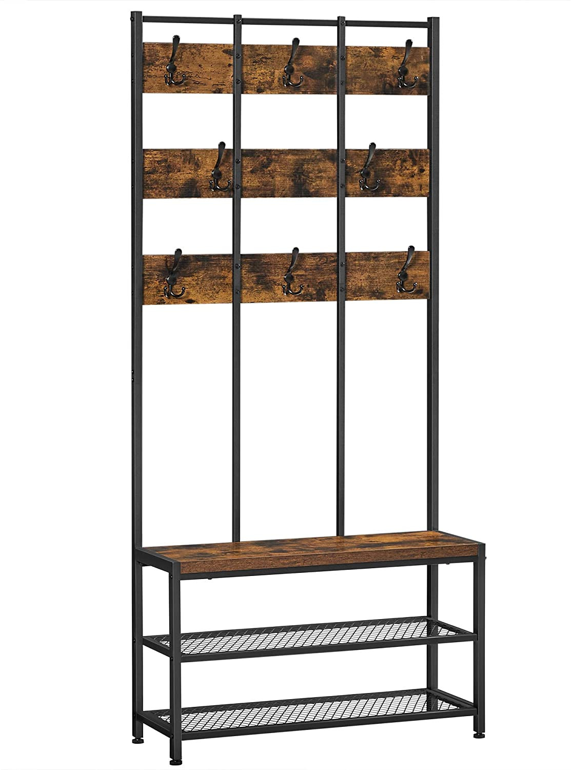 Eteisen kalusteet 3-in-1 vaateripustin, penkki, kenkähyllyt 84x30x184 cm - Vintage ruskea-musta