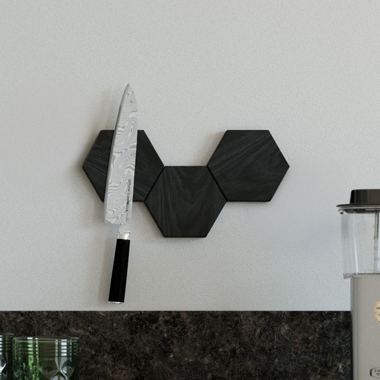 Puinen veitsimagneetti HEXA, Musta tuhka 3-pack