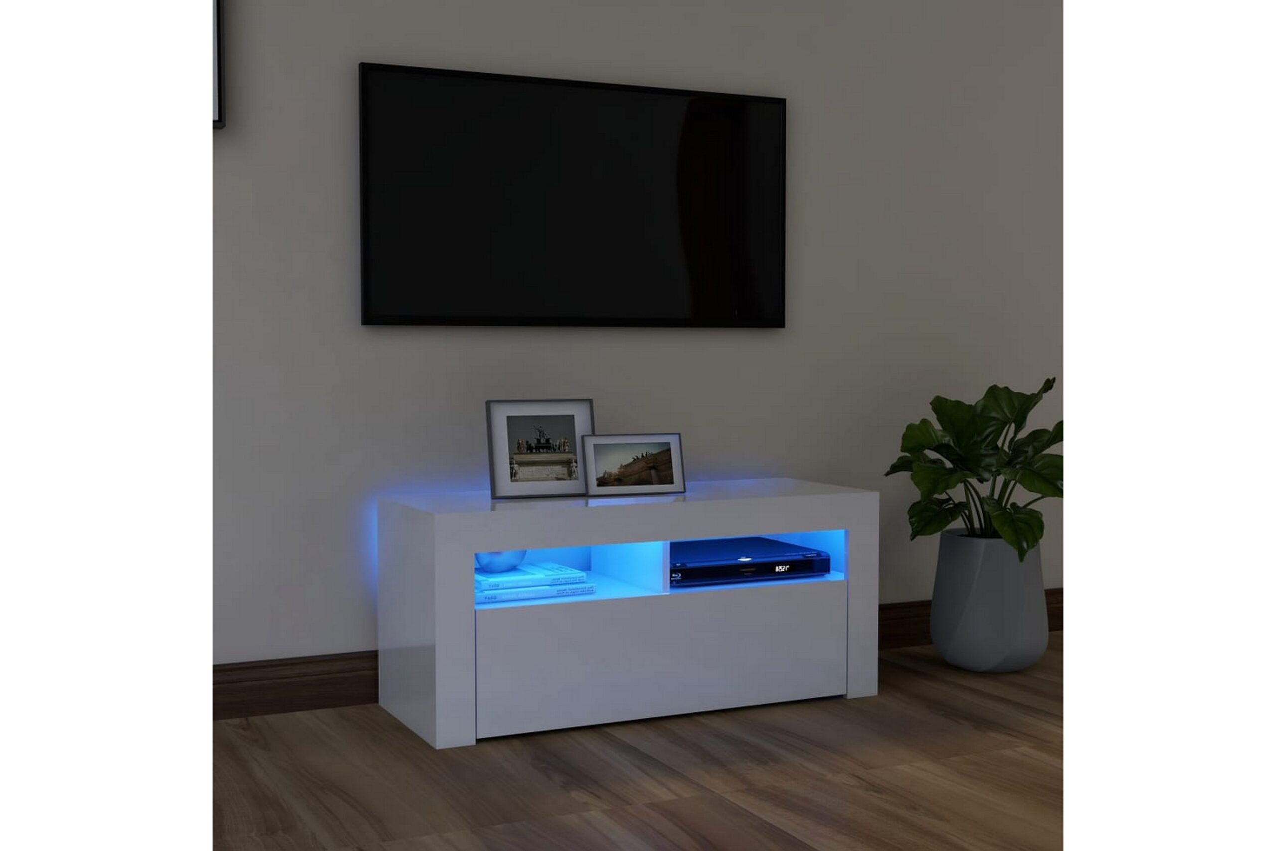 TV-taso LED-valoilla korkeakiilto valkoinen 90x35x40 cm -