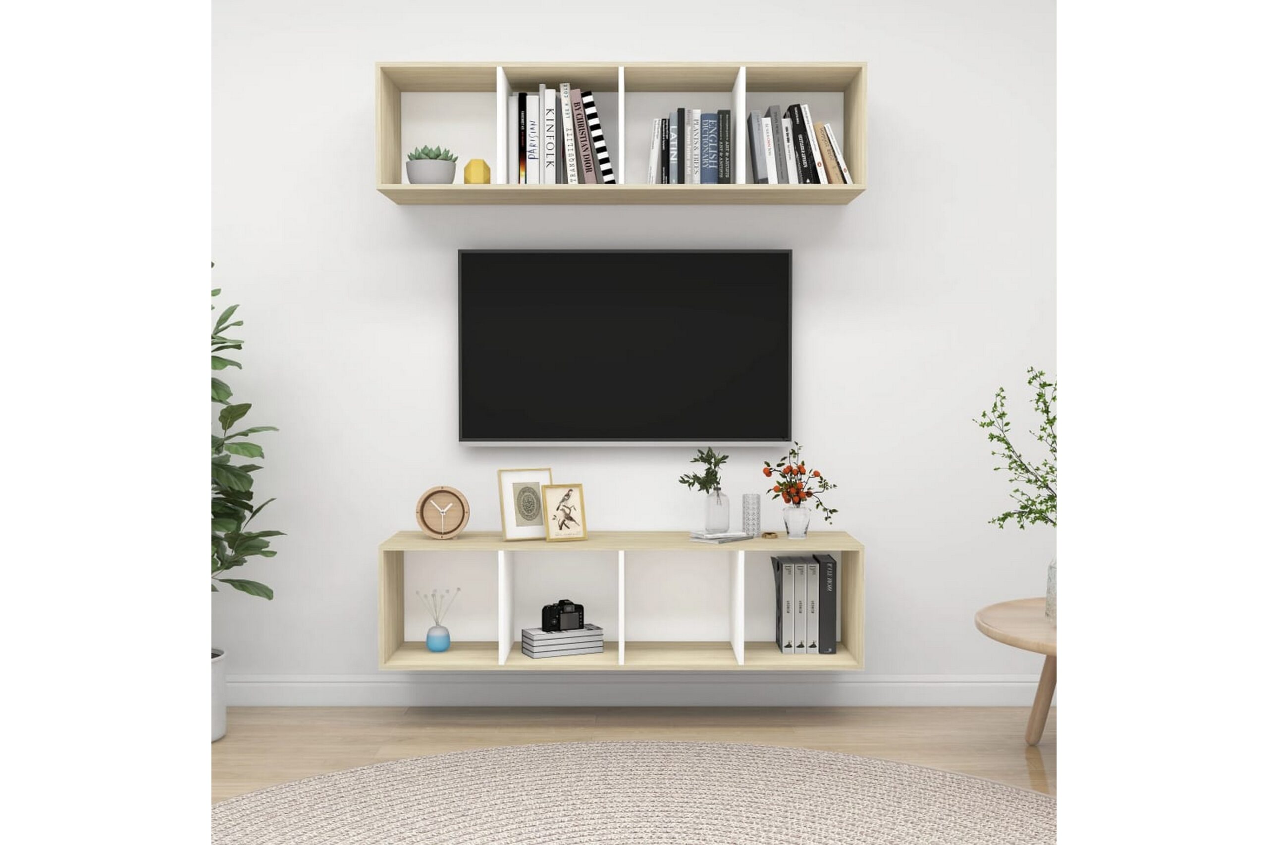 Seinäkiinnitettävät TV-tasot 2 kpl valk./Sonoma-tammi - Beige
