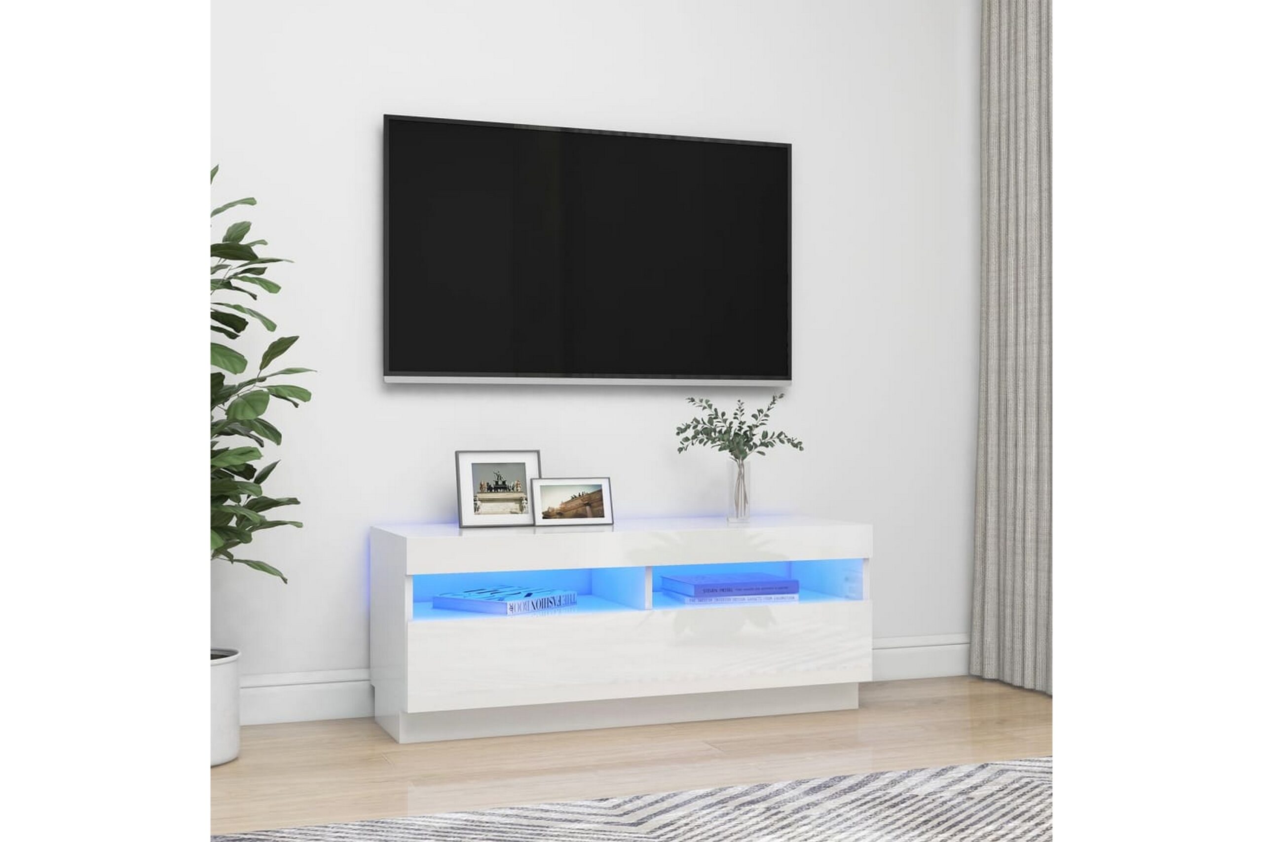 TV-taso LED-valoilla korkeakiilto valkoinen 100x35x40 cm -