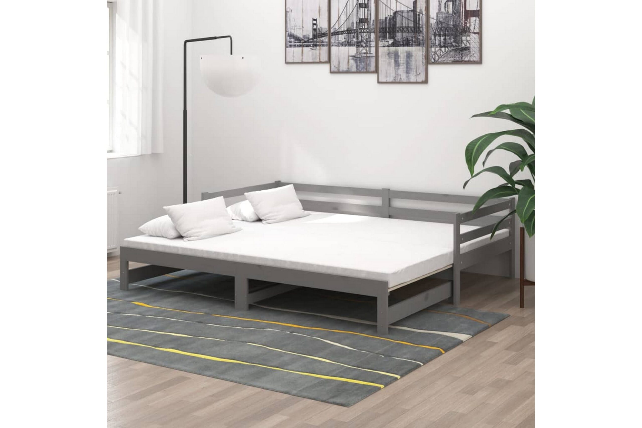 Päivävuode ulosvedettävä harmaa täysi mänty 2x (90x200) cm - Harmaa