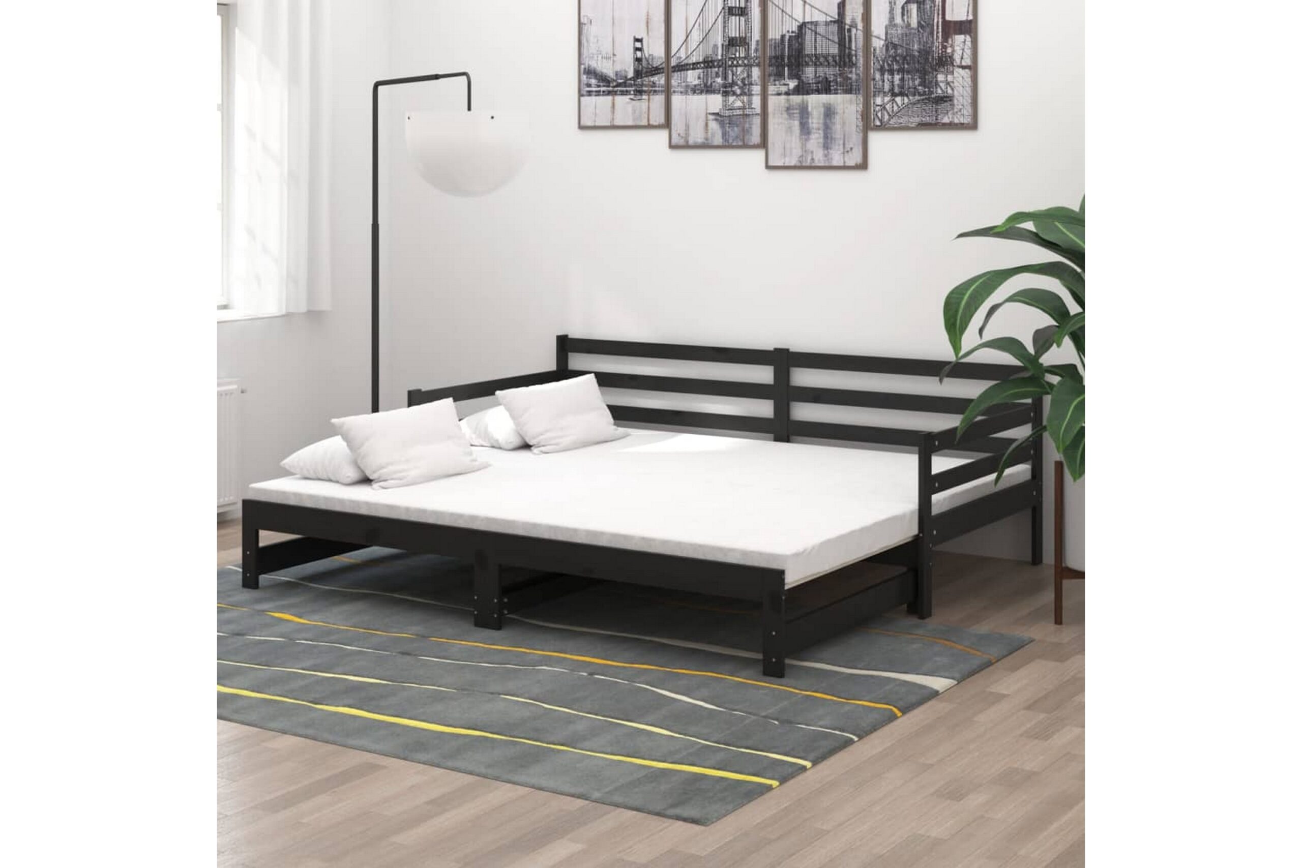 Päivävuode ulosvedettävä musta täysi mänty 2x (90x200) cm - Musta