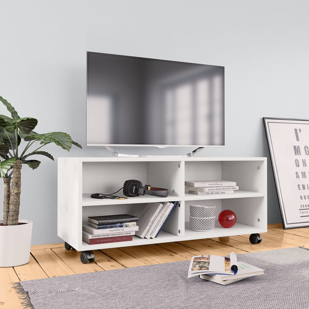 vidaXL TV-taso rullapyörillä valkoinen 90x35x35 cm tekninen puu