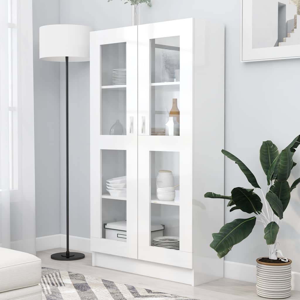 vidaXL Vitriinikaappi korkeakiilto valk. 82,5x30,5x150 cm tekninen puu
