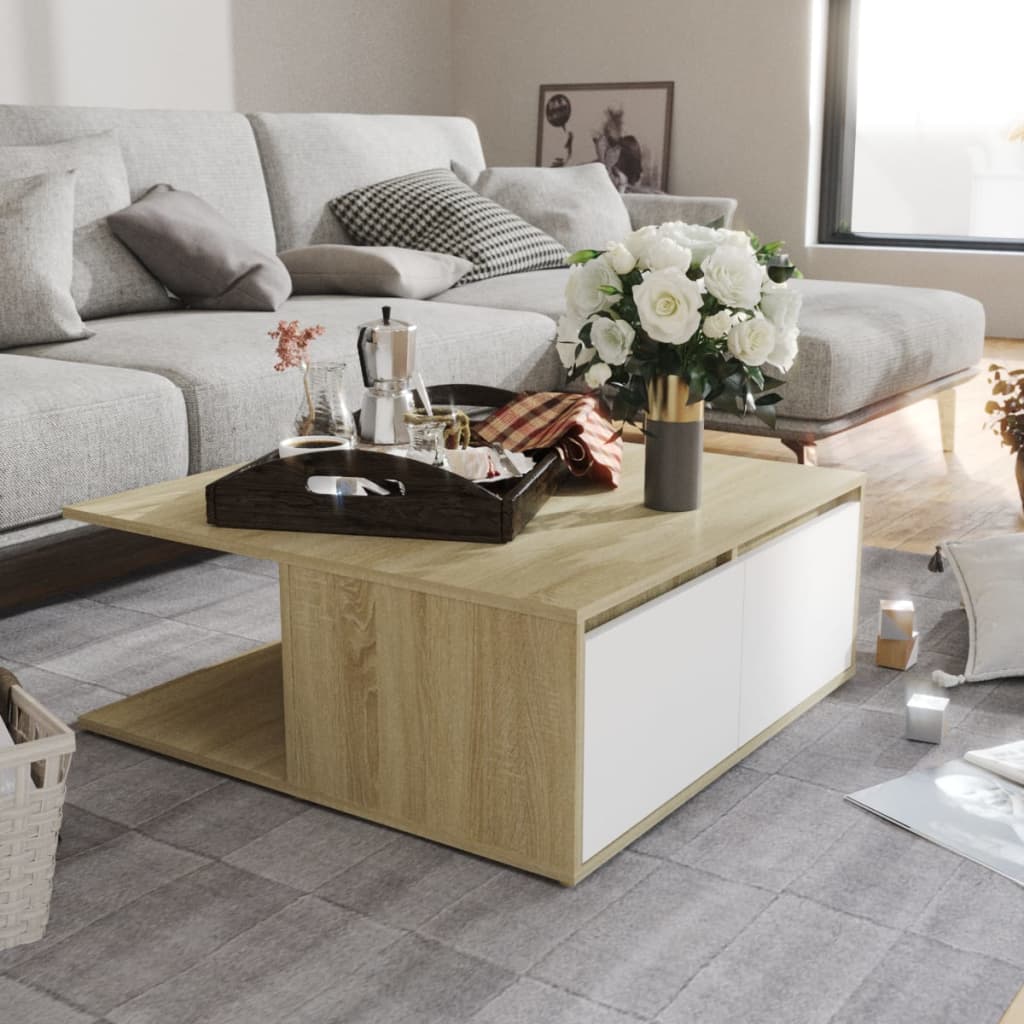 vidaXL Sohvapöytä valkoinen ja Sonoma-tammi 80x80x31 cm tekninen puu