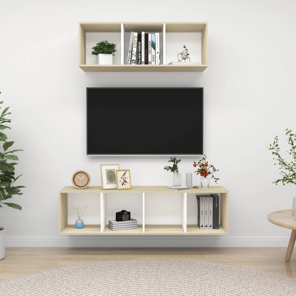 vidaXL 2-osainen TV-kaappisarja valkoinen ja Sonoma-tammi tekninen puu