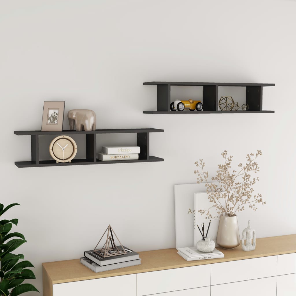 vidaXL Seinähyllyt 2 kpl korkeakiilto harmaa 90x18x20 cm tekninen puu