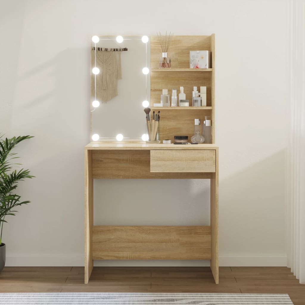 vidaXL Peilipöytä LED-valot Sonoma-tammi 74,5x40x141 cm tekninen puu