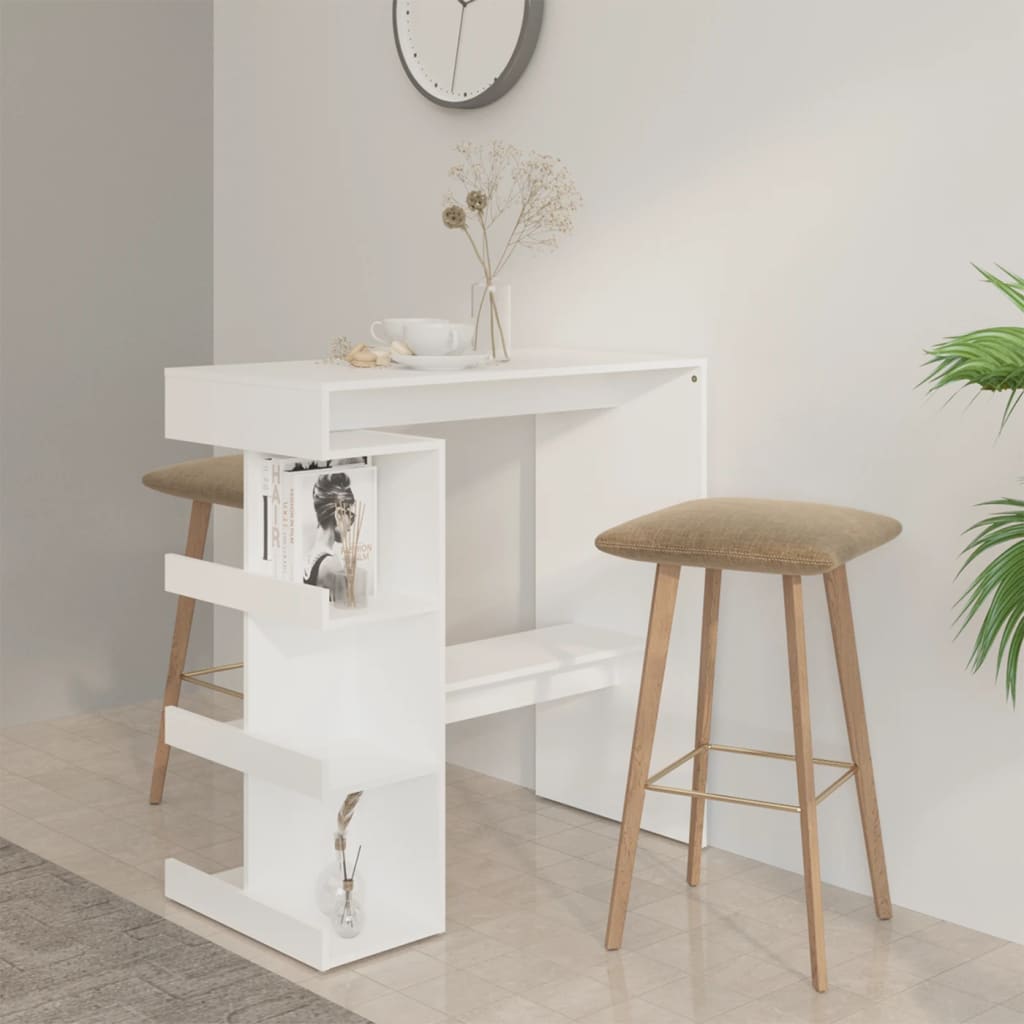 vidaXL Baaripöytä säilytystelineellä valk 100x50x101,5 cm tekninen puu