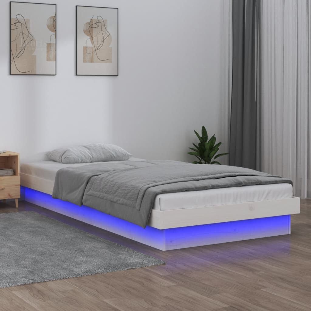 vidaXL Sängynrunko LED-valot valkoinen 90x190 cm Single täysi puu