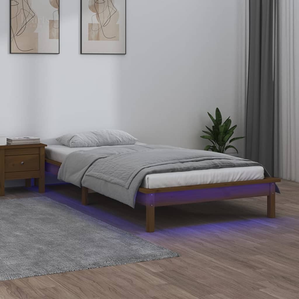 vidaXL Sängynrunko LED-valoilla hunajanruskea 100x200 cm täysi puu