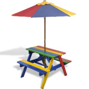 Lasten Picnic Pöytä ja Penkit Aurinkovarjolla Neljä Väriä - Monivärinen