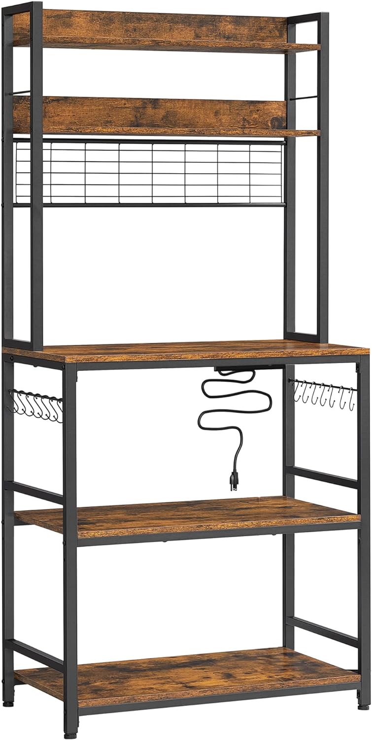 Keittiön hylly kiinteällä pistorasialla, mikroaaltouuni hylly, penkki, ritilälevy, 14 koukkua Vintage ruskea-musta 40 x 80 x 170 cm