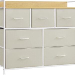 Lipasto, jossa on 7 kangaslaatikkoa, 98 x 28,5 x 85 cm, Beige / Tammiväri