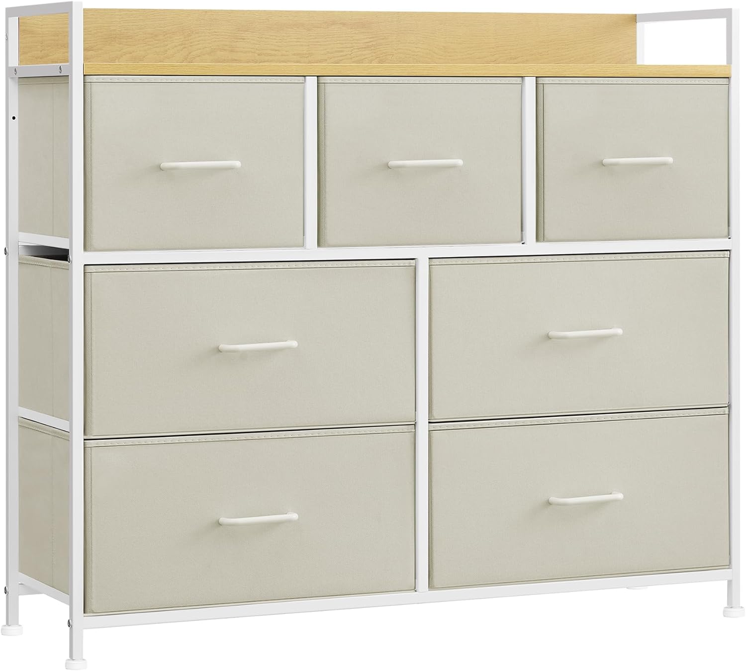 Lipasto, jossa on 7 kangaslaatikkoa, 98 x 28,5 x 85 cm, Beige / Tammiväri