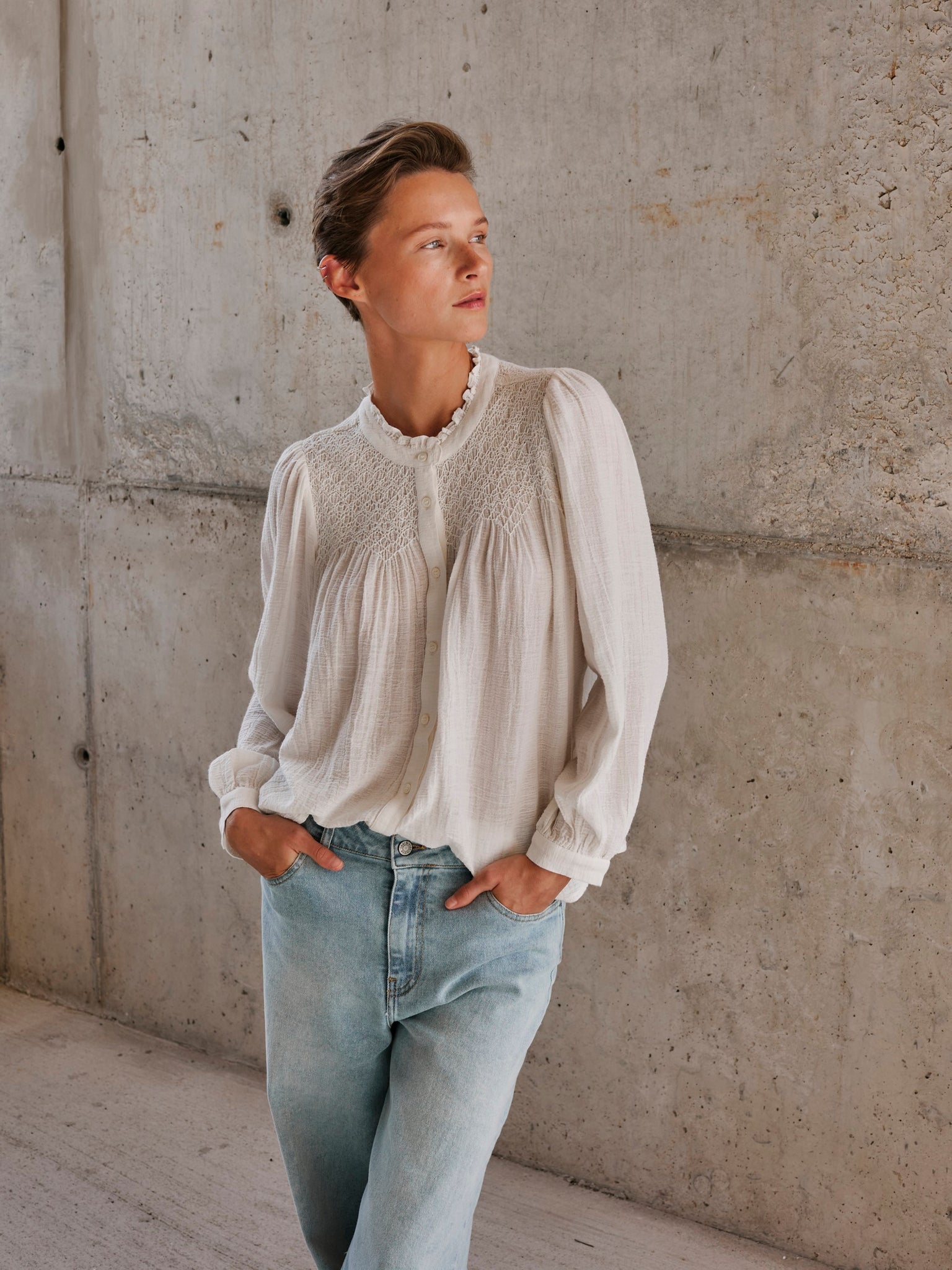 Smock Embroidered Shirt White
