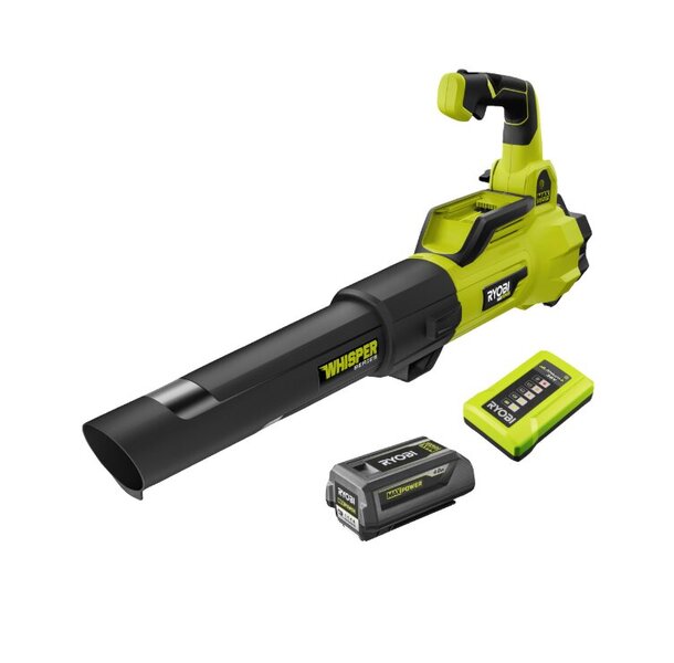 Akkukäyttöinen lehtipuhallin Ryobi RY36BLXA-140P; 36 V; 2x4,0 Ah, akulla varustettu.