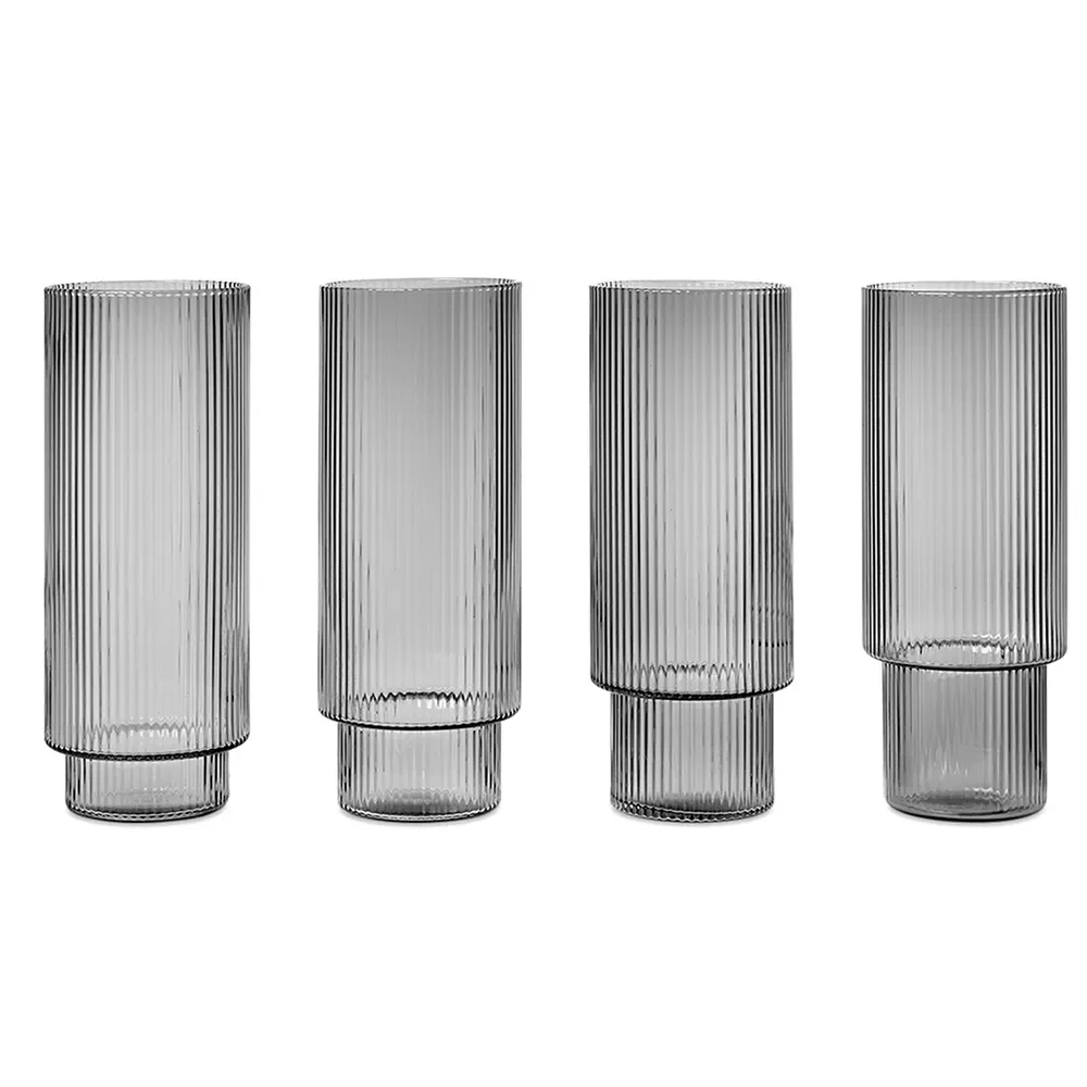 Ferm Living, Ripple Long Drink Lasi 4-pack - Smoked Grey
