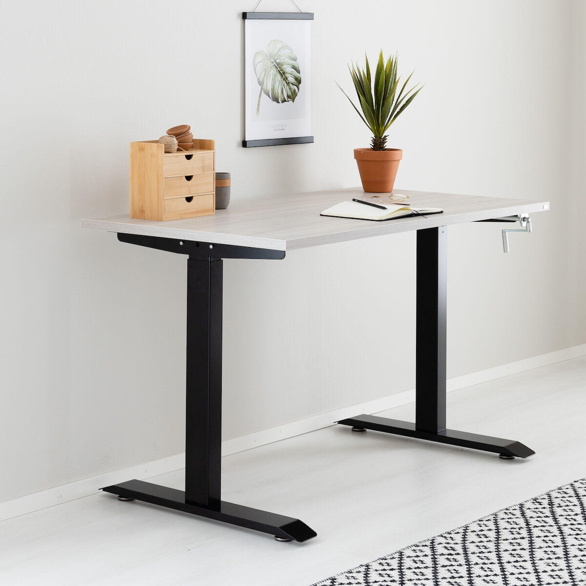 Office veivattava säätöpöytä 115x67 cm hopea jalava musta jalka