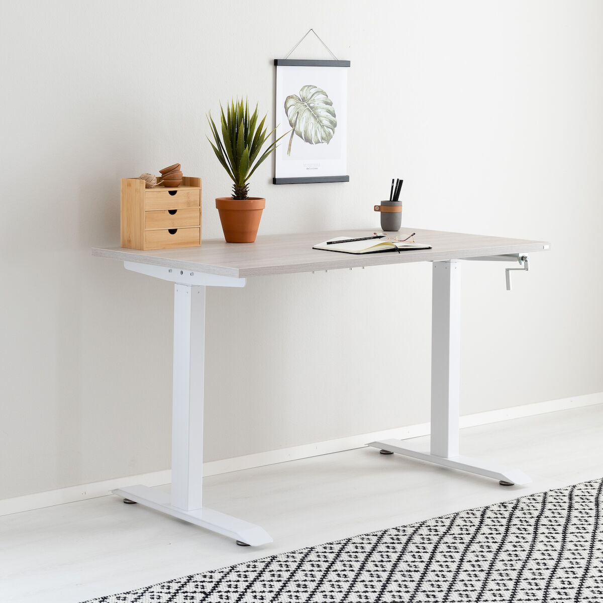 Office veivattava säätöpöytä 135x67 cm hopea jalava valkoinen jalka