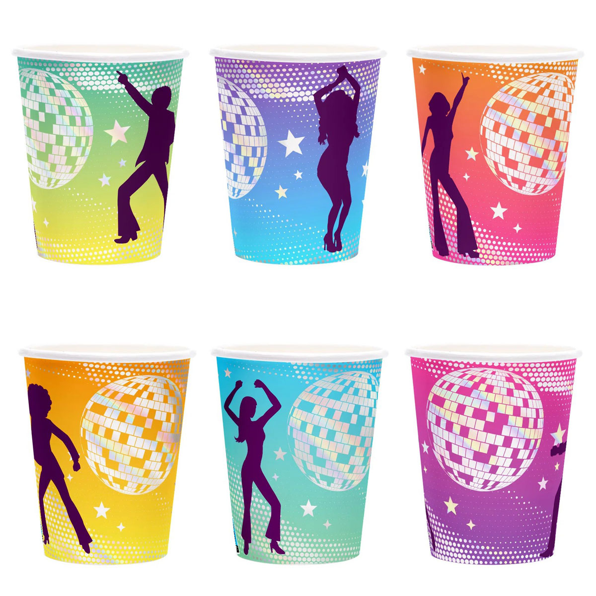 Pahvimukit -  Disco, värikäs, 6kpl